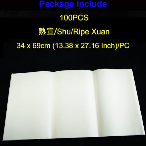 KYMY Chinese/Japanese Calligraphy Xuan Paper 100PCS, Sumi/Rice Paper for Writing, Painting, Drawing Practice, Chinese Brush Ink Shu (Ripe) Xuan (34 x 69 cm / 13.38 x 27.16 Inch) - size: Shu (Ripe) Xuan 34 x 69 cm (13.38 x 27.16 Inch)