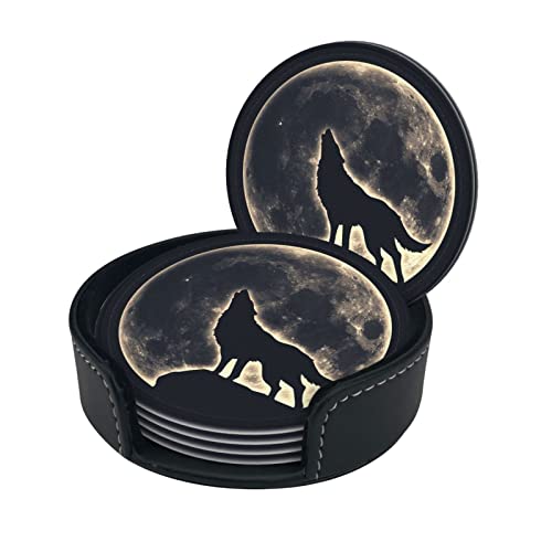 6 Pcs Leather Coasters for Drinks with Holder Howling Wolf Full Moon Coaster Sets Drink Table Cup Coasters for Kitchen Coffee Decor - color: Full Moon Wolf