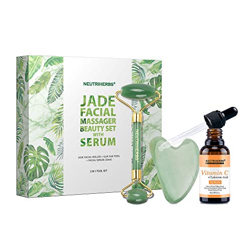 NEUTRIHERBS Jade Gua Sha & Face Roller & Vitamin C Serum Facial Tool Set(3 in 1 Kit), Home Face Massager for Wrinkle,Fine Line,Puffiness,Firm Smooth Relax Skin -- Green - color: Green