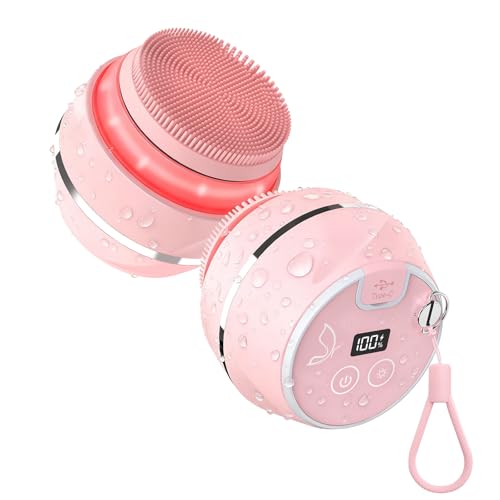Face Cleansing Brush, Waterproof Silicone Facial Cleansing Brush, 6 Modes, 3 Light Effect, Rechargeable Electric Exfoliator Deep-Clean Scrubber for Women and Men - color: Pink