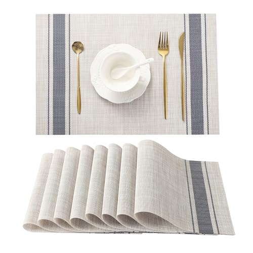 Leetaltree Khaki-Blue Placemats, Heat Resistant Non-Slip Place mats for Dining Table, Washable Durable PVC Vinyl Woven Table Mats (Set of 8) - color: H1- Khaki Blue, size: Set of 8