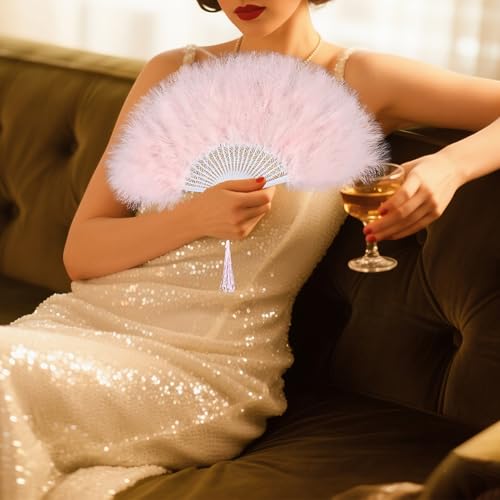 whitefeather Vintage Feather Hand Fan, 17.7 x 11.8 inches, Marabou Feathers, 1920s Style for Costume Parties, Tea Parties - color: Light Pink