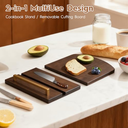 Beautiful Cookbook Stand with Removable Cutting Board,2 in 1 Bamboo Recipe Book Holder,Charcuterie Board & Kitchen Serving Tray,Durable Cook Book Holder Stand Easily Keeps Cook or Recipe Books Open