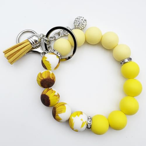 Unpafcxddyig Silicone Bead Keychain Bracelet Wristlet Key Ring - color: Rainbow Yellow