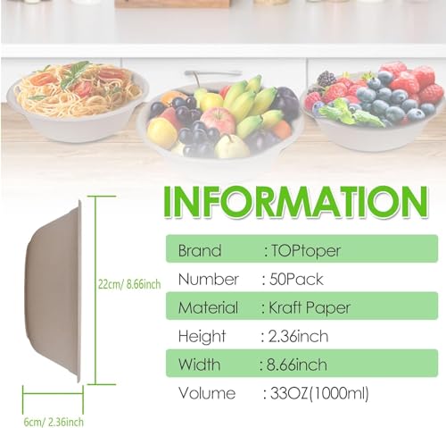 TOPtoper 33Oz 50Pack Large Paper Bowls, Disposable Bowls Bulk Leakproof and Microwave Safe for Hot or Cold Use (33 OZ) - size: 33 OZ