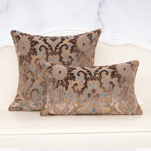 Alerfa Boho Brown Floral Throw Pillow Cover 18x18 Inch Cut Velvet Sqaure Luxury Embroidered Decorative Pillow Cover for Couch Living Room Bedroom - color: Brown, size: 18" x 18" (Pack of 1)