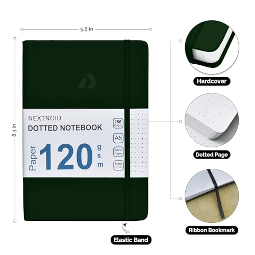 Nextnoid A5 Dotted Notebook, Hardcover, 256 Pages, 120 GSM, Green - color: Green, style: Dotted 256 Pages
