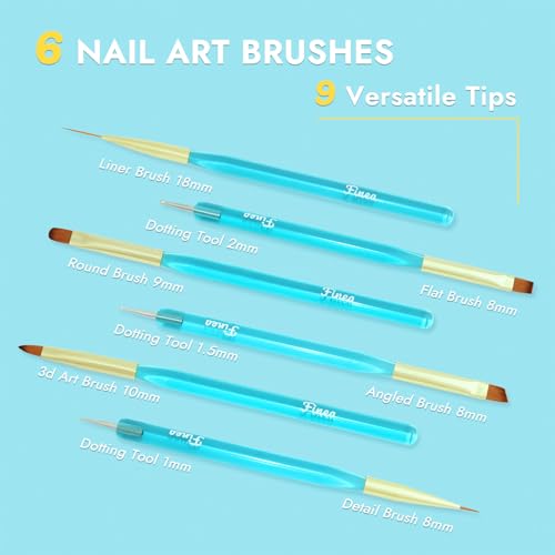 Finea Nail Art Brushes and Dotting Tools 6pcs Set for Gel Polish Gold Blue