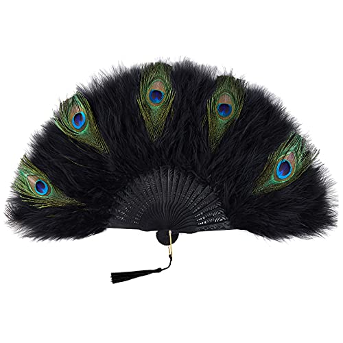 BABEYOND 1920s Marabou Feather Folding Hand Fan - color: Z-black&peacock-black Rib