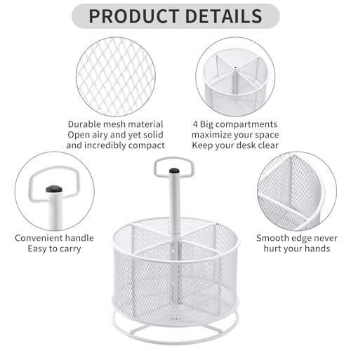 Marbrasse Mesh Desk Organizer, 360-Degree Rotating Multi-Functional Pen Holder, 4 Compartments Desktop Stationary Organizer, Home Office Art Supply Storage Box Caddy (White) - color: White