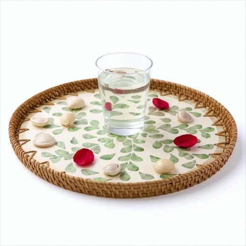 13.8" Round Mother of Pearl Inlay Green Willow Decor Rattan Serving Tray - color: Green Willow