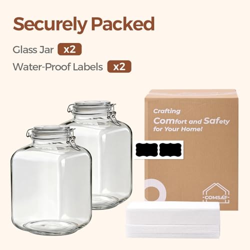 ComSaf Square Glass Jars with Airtight Lid 1.3 Gallon 2 Pack Large Canister - size: 1.3 gallon x 2