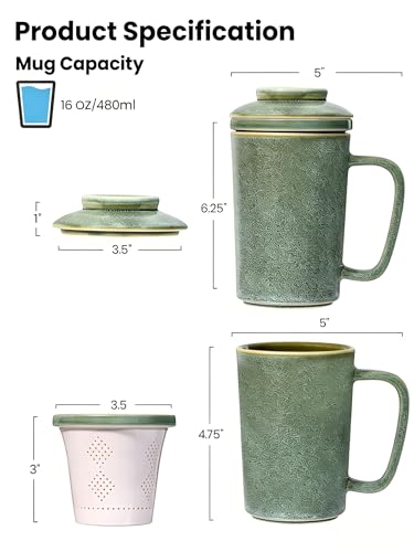 Ceramic Tea Mug with Infuser and Lid,16oz Porcelain Loose Leaf Tea Cup with Large Handle,Metal-Free Filter,Microwave &Dishwasher Safe,Perfect for Tea,Coffee (Sage Green) - color: Sage Green