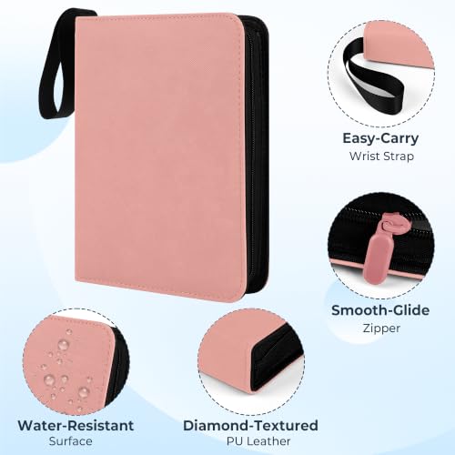 4 Pocket Card Binder,400 Capacity Trading Card Binder 4 Pocket, Refillable 3 Ring MTG Binder with Removable Pages,Waterproof Small Card Book Holder for Trading Cards,TCG&Sports Card Binder with Zipper - color: Pink, size: 4-Pocket