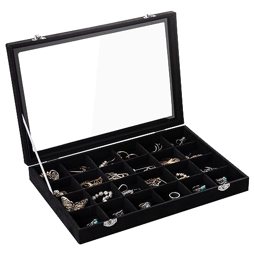 Frebeauty 24 Grid Earring Organizer,Velvet Jewelry Tray with Clear Lid - color: Black, size: 24 Grid