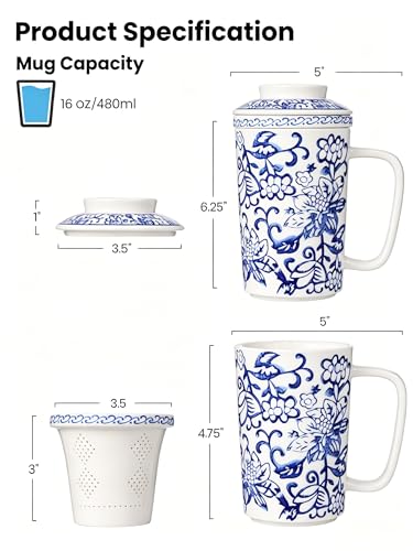 Ceramic Tea Mug with Infuser and Lid,16oz Porcelain Loose Leaf Tea Cup with Large Handle,Metal-Free Filter,Microwave &Dishwasher Safe,Perfect for Tea,Coffee (Classic Blue and White) - color: Classic Blue and White