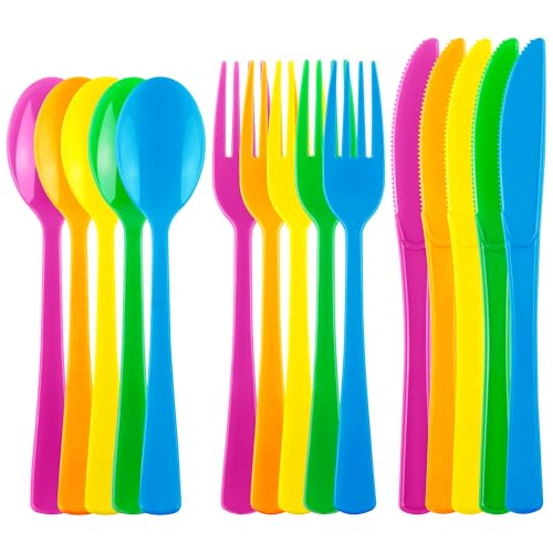 Kochorie 300 Pieces Rainbow Plastic Silverware Disposable Colorful Utensils - color: Rainbow