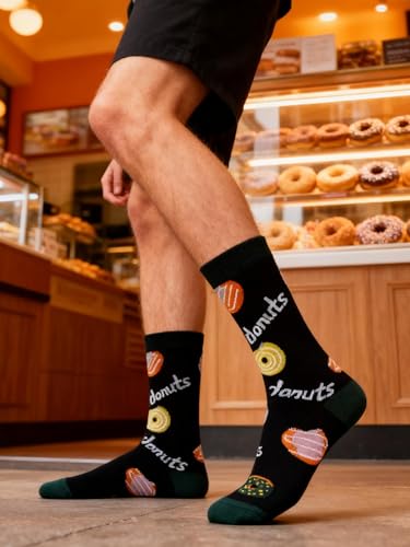 Colorful Funny Novelty Dress Socks for Men Women Teens Fathers Day Casual Fun Crazy Funky Graphic Crew Socks - color: 5 Pairs - Food Style -- Donuts Pizza Burger Bacon Cheese Fast Food Pattern Socks, size: 6-12