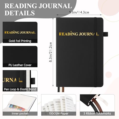 AKONEGE Reading Journal for Book Tracking - PU Leather Book Journal Reading Log with 80 Reviews for Readers, Accessories with Sticky Tabs, Pen Holder, Ribbon Bookmarks, 5.6" x 8.3", Black - color: Black