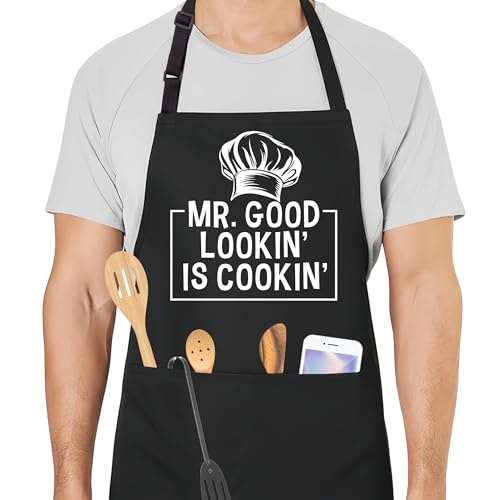 Mr. Good Lookin is Cookin Funny Aprons for Men with 2 Pockets, Cooking Apron for Dad, Gag Gifts for Men, Adjustable Grilling Apron for Husband, Chef Kitchen Gifts for Birthday & Father’s Day - A23 - color: Mr. Good Lookin is Cookin 3