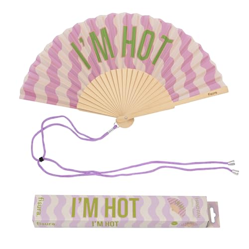 Fisura – Original Folding Fan with “I’m H*t” Message. Colorful Handheld Fan in Lilac with Wave Design and Strap Included. Fun Gift idea for Summer Travel Days or Outdoor Events. 16.7 x 9 in - color: I'm H*t, Purple Waves