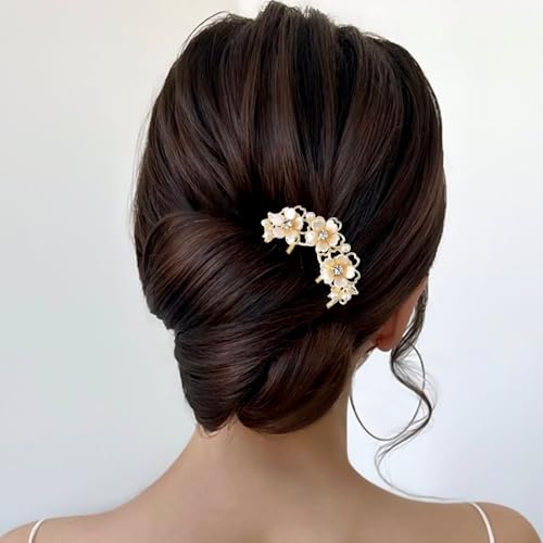 Pearl Flower Hair Clips for Women U-Shaped French Hair Pin Flower Hairclips Gold Hairpin Clip Metal Bun Maker Floral Hairpins Wedding Hair Accessories for Girls Ladies Brides Bridesmaids