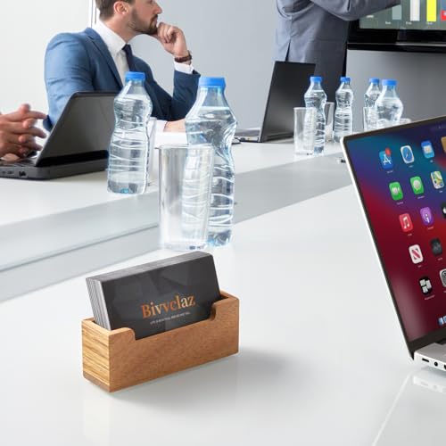 Bivvclaz Business Card Holder Desk, Acacia Wood Business Card Organizer Desktop Business Card Display Stand for Office Tabletop Exhibition, Small Business Essentials - color: Acacia