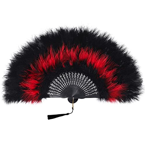 BABEYOND 1920s Marabou Feather Folding Hand Fan - color: Black&red-black Rib