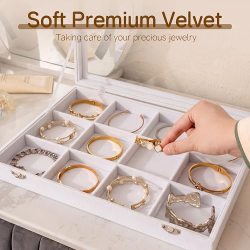 Frebeauty 12 Grid Bracelet Holder Box,Velvet Jewelry Tray with Clear Lid - color: White, size: 12 Grid