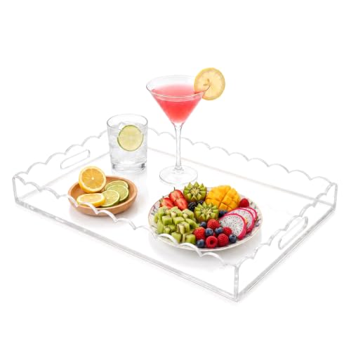 17 x 12 Inch Scalloped Clear Acrylic Serving Tray with Handles - size: 16.5" x 12" x 2"