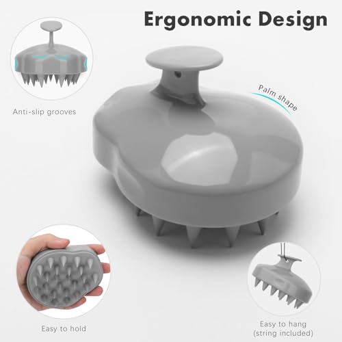 FREATECH Massager Shampoo Brush with Soft Silicone Bristles for Scalp Care, Shower Hair Scalp Scrubber Exfoliator for Dandruff Removal and Hair Growth, Wet & Dry for Men, Women and Kids, Grey - color: Grey