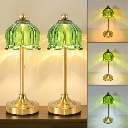 Set of 2 Cordless Green Glass Tulip Table Lamp - color: Green, size: 2-pack