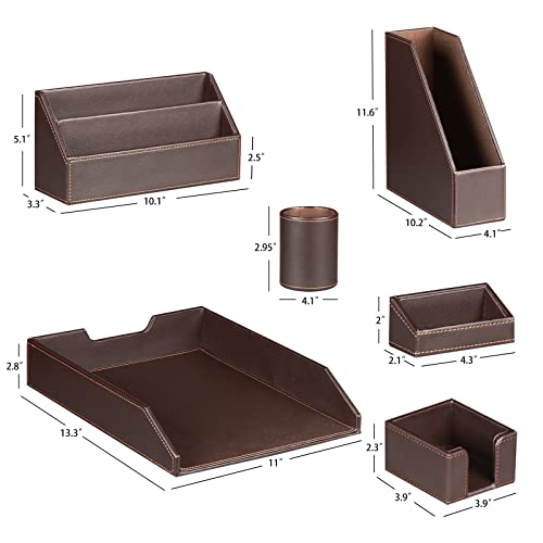 Ayunga PU Leather 6-piece Office Supplies Combination Set,Pencil Cup,Business Card Holder,Sticky Note Dispenser,Mail Sorter,Letter Tray,Files Holder,Suitable for Self-use and Friend Gifts (Brown) - color: Brown