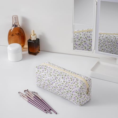 Cute Floral Cotton Makeup Brush Cosmetic Bag for Women, Travel Quilted Zipper Make Up Bag, Flowers Toiletry Organizer Case Kawaii Makeup Cosmetic Travel Cloth Pouch (Purple Floral) - color: 04 Purple Floral