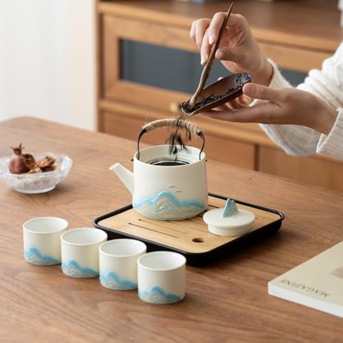 Chinese Tea Set – White Porcelain Gongfu Teapot, with 4 White Cups & Tea Tray & Tea Strainer, Travel Tea Set with Carrying Case for Tea Ceremony, Daily Tea Ritual, Asian Style Gift - color: White Teapot & 4 White Teacups