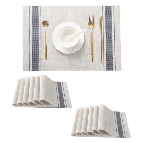 Leetaltree Khaki-Blue Placemats, Heat Resistant Non-Slip Place mats for Dining Table, Washable Durable PVC Vinyl Woven Table Mats (Set of 12) - color: H1- Khaki Blue, size: Set of 12