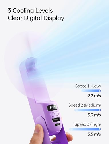 JISULIFE Portable Handheld Fan, 3 In 1-Fan, Power Bank, Flashlight, Purple - color: Purple