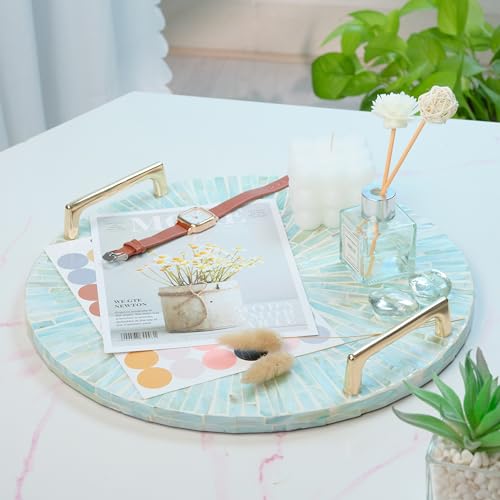 PEMAR Mother of Pearl Decorative Tray, 13" Round with Gold Metal Handles, Vanity/Perfume/Trinket Tray, Catchall for Dresser, Bathroom, Vanity Table (Teal Sunlight) - color: Teal Starburst