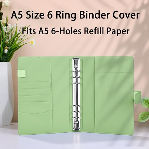 Antner A5 Binder 6 Ring Refillable Notebook Planner Cover for Cash Organizer, PU Leather Loose Leaf Photocard Holder Aesthetic Small Binder for A5 Planner Inserts with Magnetic Buckle, Matcha Green - color: Matcha Green