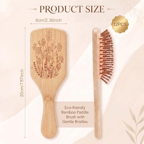 Rtteri 12 Pcs Wooden Hair Brushes Bulk, Flowers Pattern Bamboo Paddle Brush