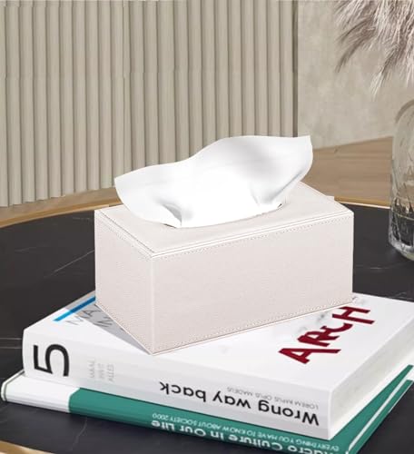 Linen Tissue Box Cover Rectangle,Aesthetic Facial Tissue Cube Box Holder - color: Cream