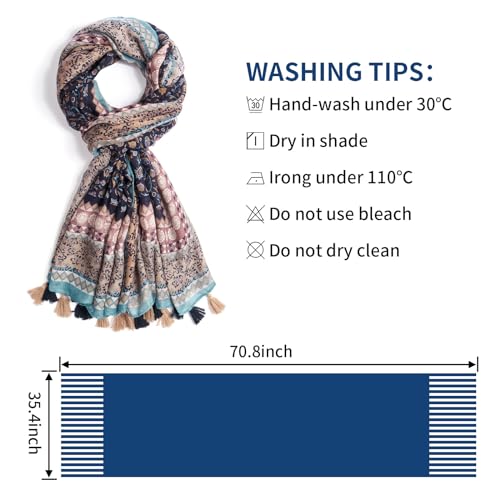 QIUTIMIY Scarf for Women Lightweight Soft Floral Leopard Printed Scarves Fall Winter Fashion Shawl Wrap with Fringe - color: Flower-brown Blue