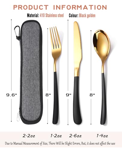 MURRI&MURRDI Travel Stainless Steel Cutlery Set for 1, Reusable Flatware Set with Case, Camping Silverware Set for Work, Knife Fork Spoon Utensil Set 3 Piece, Black Gold - color: B- 3 Black Gold