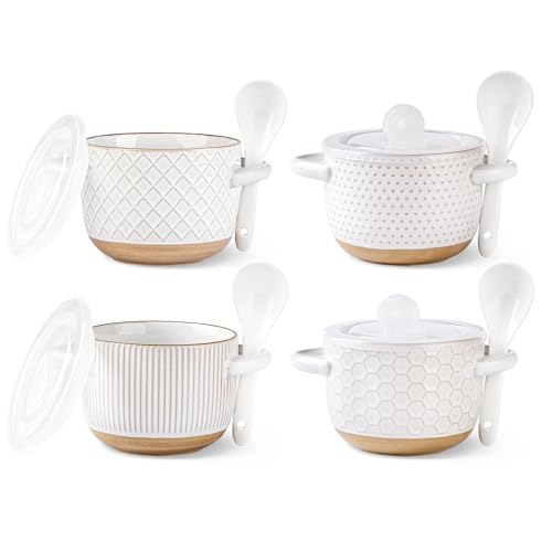GBhome 22 Ounces Soup Bowls with Large Handles and Lids, Stoneware Bowls Set of 4 with Spoon for Soup, Cereal, Stew, Colourful Ceramic Kitchen Bowls, Microwave&Dishwasher Safe, Off White - color: Off-White