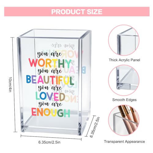 You are Worthy Beautiful Acrylic Makeup Brush Organizer Holder, Boho Motivational Vanity Desk Organizer Accessories for Bedroom Office Decor, Inspirational Gifts for Women Girls Daughter Sister - style: Worthy Loved