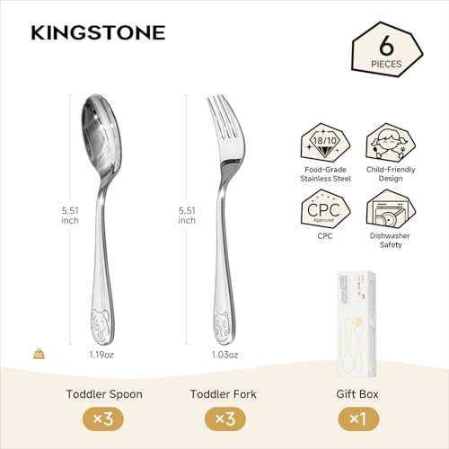 KINGSTONE 6 Pcs Small Toddler Utensils, 18/10 Stainless Steel, Cat & Dog - color: Cat & Dog, size: 6-Piece (Small)