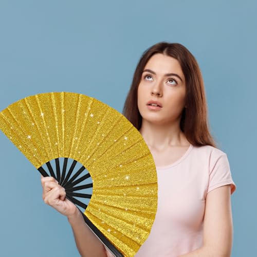 2 Pack Glitter Large Folding Hand Fans for Line Dancing, Popping Fan Large Rave Hand Fan for Boots On The Ground Dance, Concert, Party, Festival, Home Decorations(Gold) - color: 2 Gold