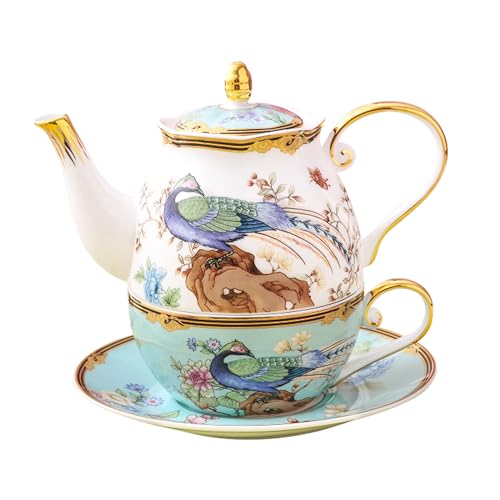 ACMLIFE Tea Set For One - Vintage Floral Bone China Tea Set for One Teapot fnd Cup Set, Bone China Teapot & Cup, 12 Oz, Blue and WhiteTea Set for Women for Gift(Light blue) - color: Light Blue