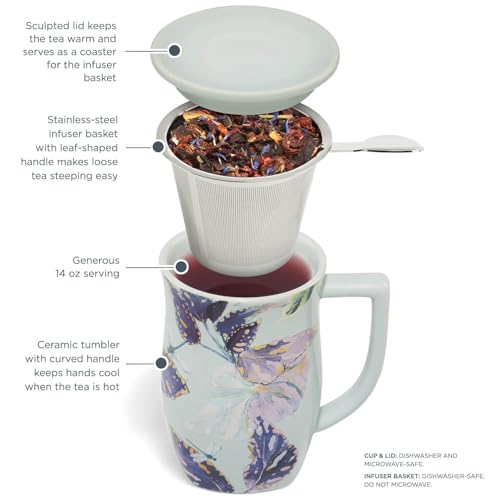 Tea Forte Ceramic Fiore Tea Cup with Infuser, Demoiselle, 14 oz - color: Demoiselle