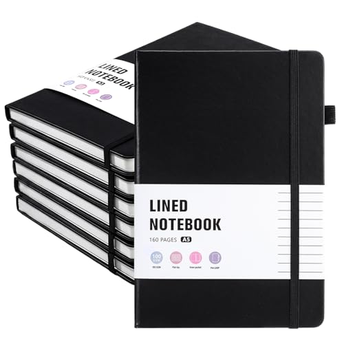 Thboxes 6 Pack A5 Lined Journal Notebooks, Hardcover, 160 Pages, Black - color: Black 6pack